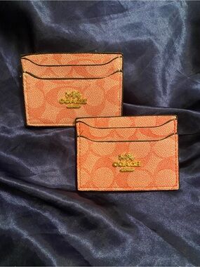 Coach Coral Orange Signature Card Case with Gold Logo